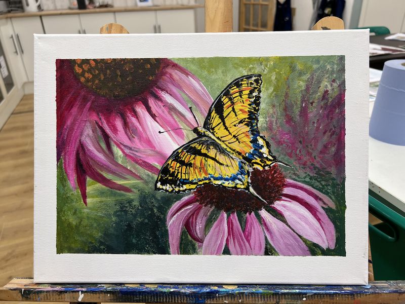 Acrylic painting of a yellow swallowtail butterfly on pink echinacea flowers