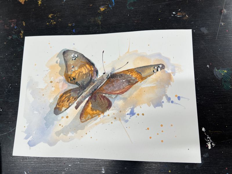 Loose watercolour of an orange butterfly with paint splashes