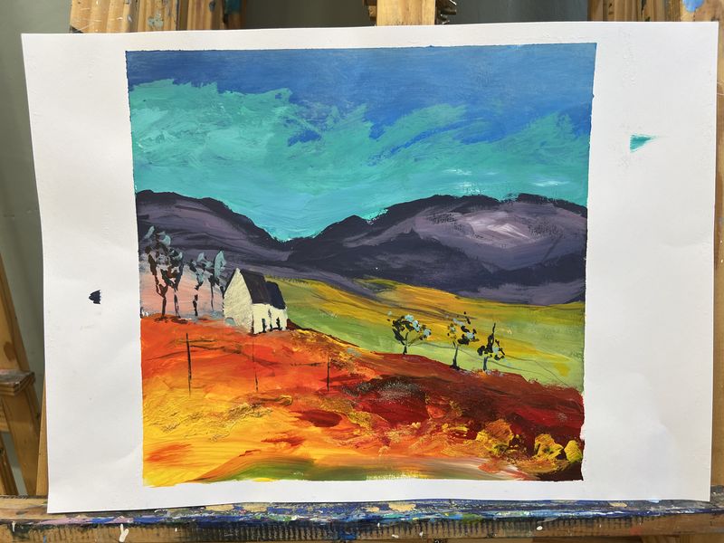 Vivid acrylic landscape of hills and a white farmhouse above orange fields